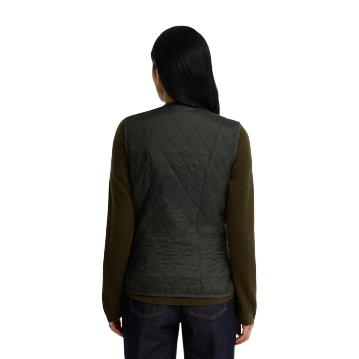 Barbour chaleco de mujer verde oliva acolchado vista frontal de cuerpo entero