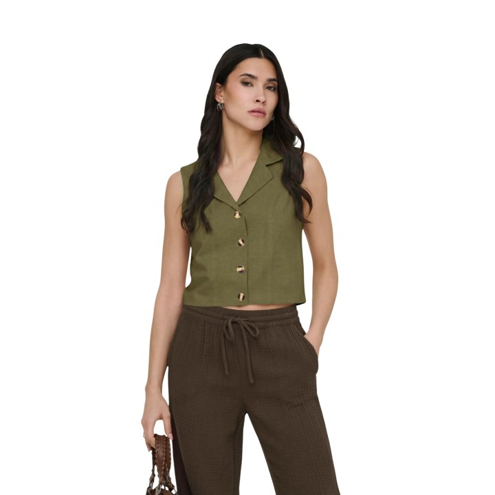 Jacqueline de Yong chaleco de mujer verde oliva de lino vista frontal