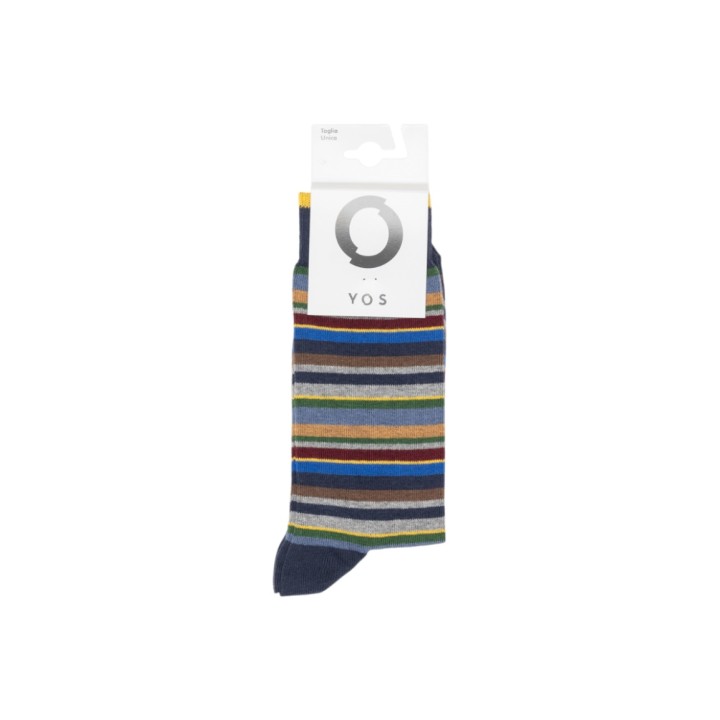 Yos Millerighe calcetines de hombre azul oscuro en vista frontal con etiqueta