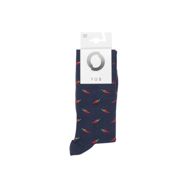 Calcetín largo de hombre YOS Peperoncino azul con estampado de guindillas vista frontal con etiqueta