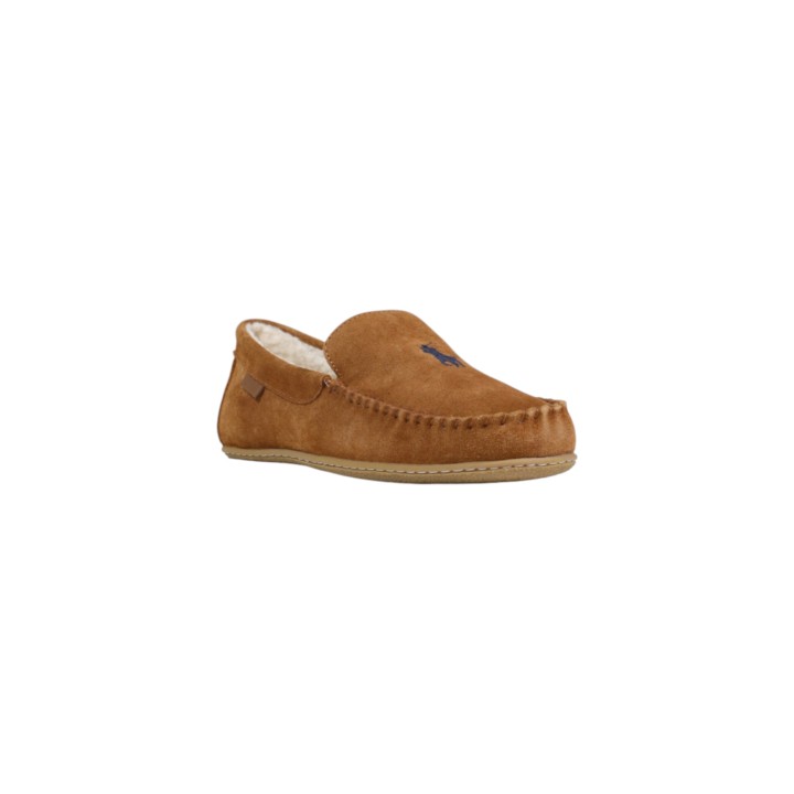 Ralph Lauren zapatilla de casa para hombre Collins RF103842 en cuero color cuero vista tres cuartos