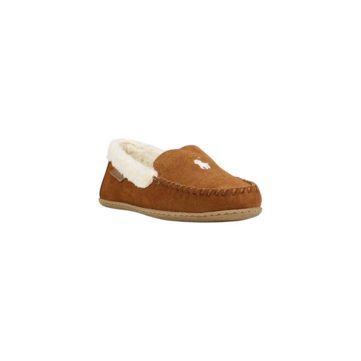 Ralph Lauren zapatilla de casa para mujer Collins RF103843 color cuero vista tres cuartos