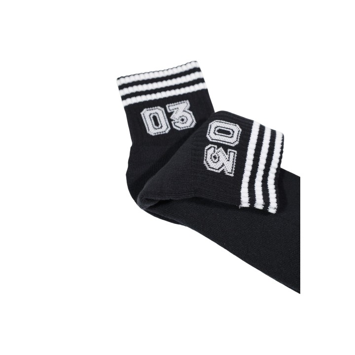 Detalle de calcetines Adidas Originals unisex negros con franjas blancas