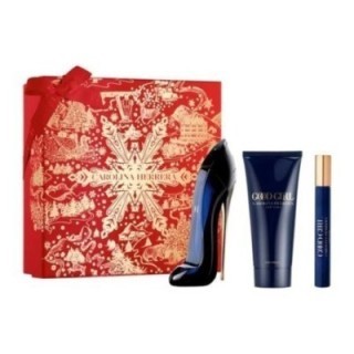 Estuche de perfume Good Girl de C Herrera para mujer con botella tacon azul vista frontal