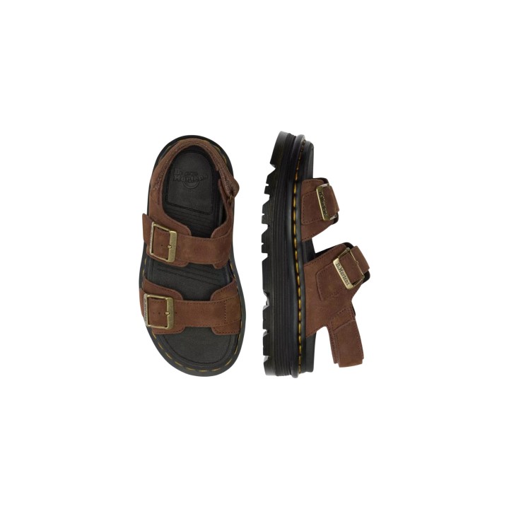 Detalle superior de sandalia Dr. Martens Zebzag marrón de nubuck para mujer