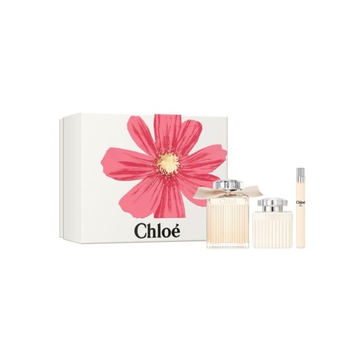 Set de perfume floral Chloé para mujer con estuche y botella beige vista frontal