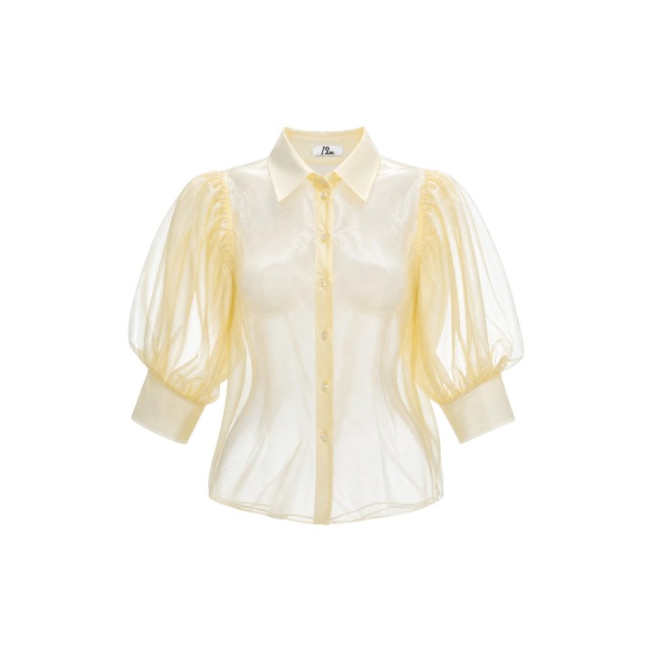 I am camisa de mujer amarilla de algodón en detalle frontal