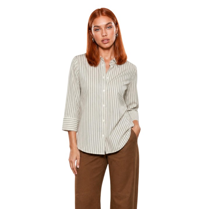 I am camisa de mujer PE26074 de algodón color crema a rayas vista frontal