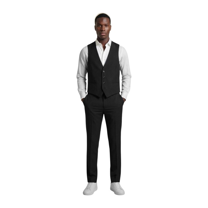 Yos traje negro de hombre con chaleco camisa blanca y zapatillas vista frontal
