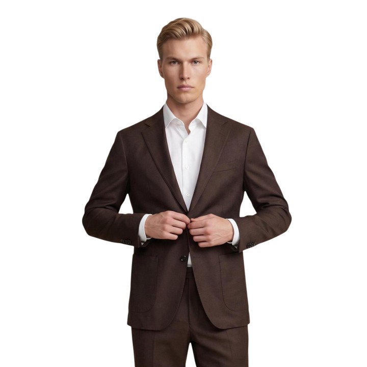 Yos traje de hombre marrón vista frontal de la chaqueta