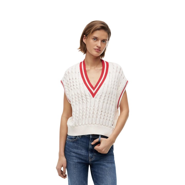 Tommy Hilfiger Jeans chaleco de punto de mujer color crema vista frontal