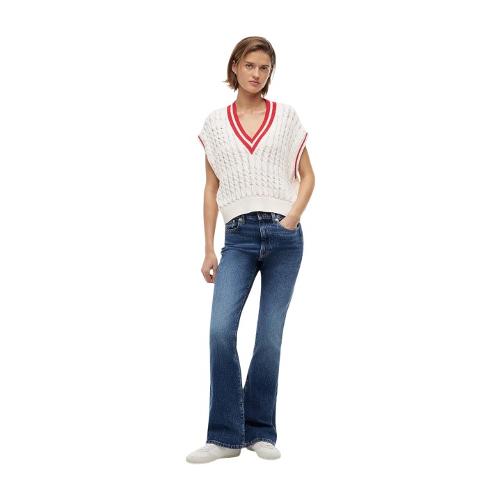 Tommy Hilfiger Jeans chaleco de punto de mujer color crema vista frontal de cuerpo entero