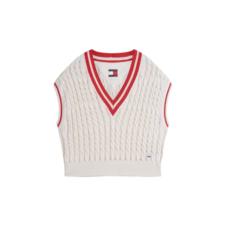 Tommy Hilfiger Jeans chaleco de punto de mujer color crema vista frontal en plano