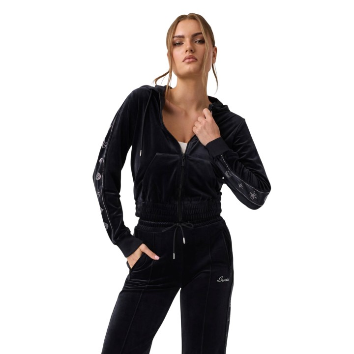 Sudadera Guess Active de mujer negra con capucha y cremallera vista frontal
