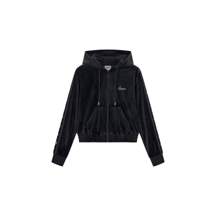 Sudadera Guess Active de mujer negra con capucha y cremallera vista frontal