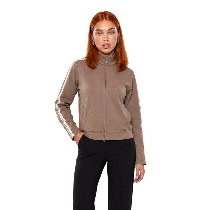 Guess Active sudadera de mujer taupe con cremallera completa vista frontal
