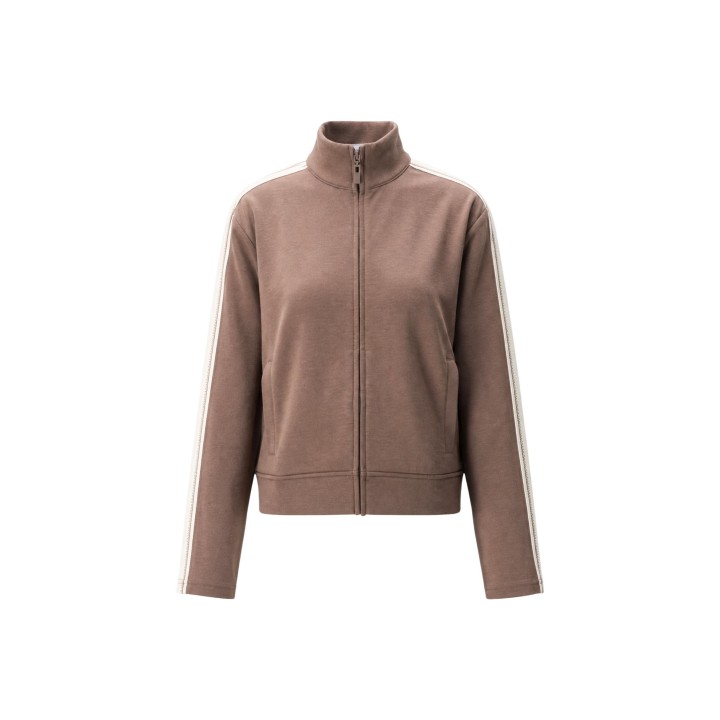 Guess Active sudadera de mujer taupe con cremallera completa detalle frontal