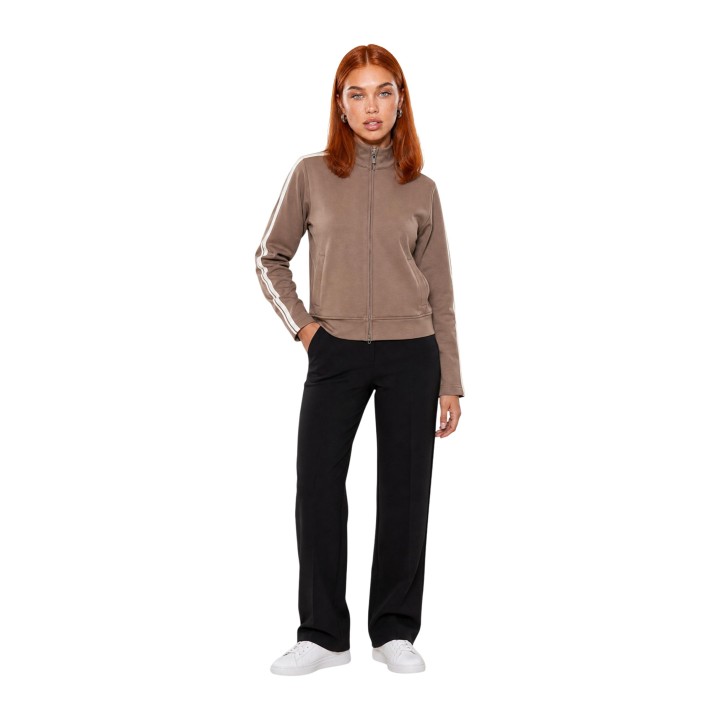 Guess Active sudadera de mujer taupe con cremallera completa vista de tres cuartos