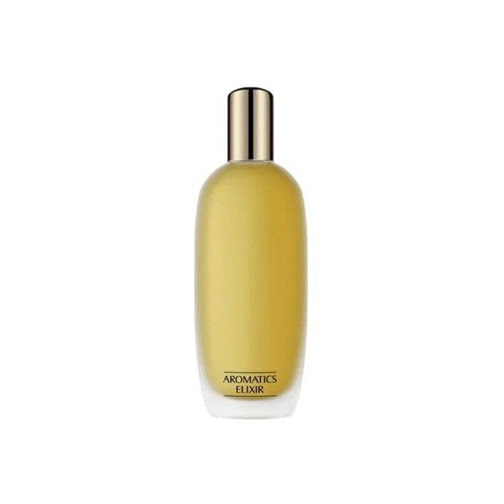 Perfume Clinique Aromatics Elixir para mujer botella con liquido amarillo y tapa dorada vista frontal