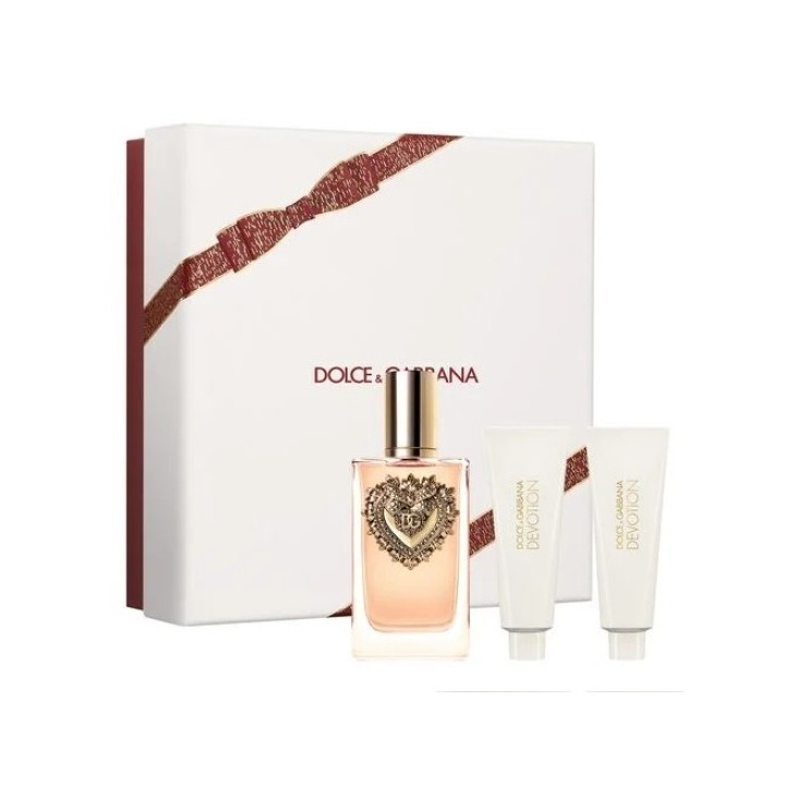 Perfume Devotion de Dolce Gabbana para mujer en estuche blanco con botella 100 ml y cremas