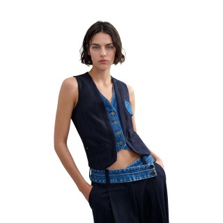 Desigual chaleco de mujer azul con detalles denim vista tres cuartos