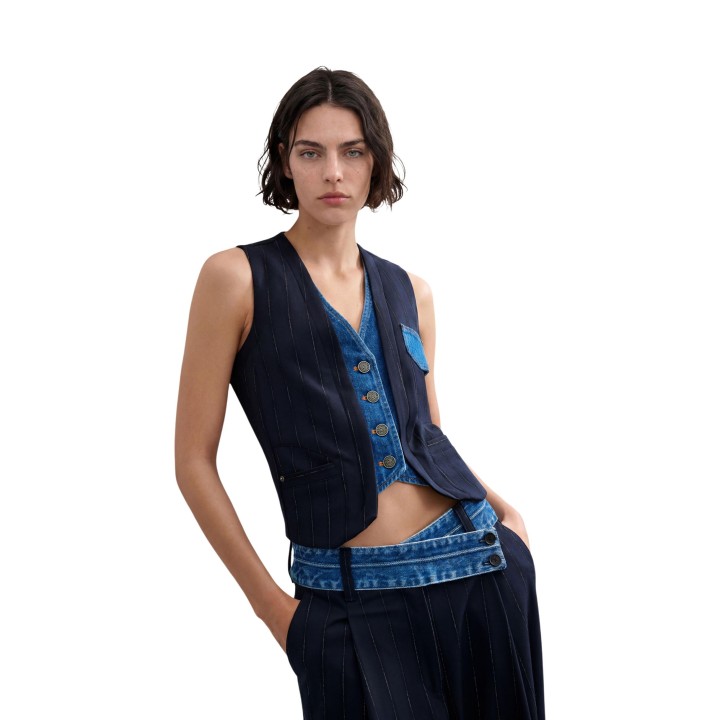 Desigual chaleco de mujer azul con detalles denim vista tres cuartos