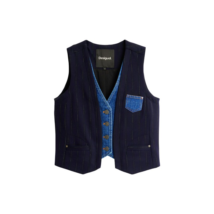 Desigual chaleco de mujer azul con detalles denim vista frontal