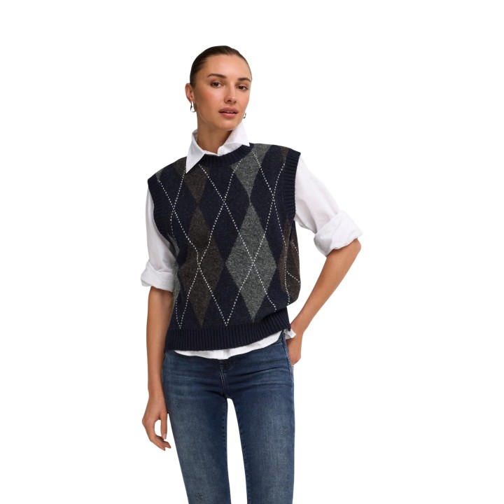 Only chaleco de punto azul para mujer con rombos vista frontal