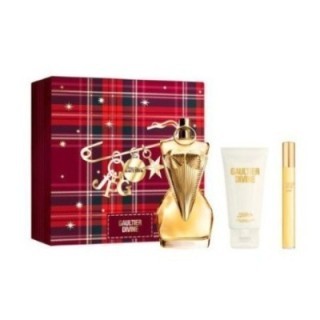 Estuche de perfume Gaultier Divine para mujer con botella dorada y accesorios vista frontal
