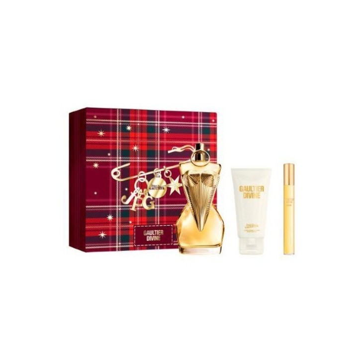 Estuche de perfume Gaultier Divine para mujer con botella dorada y accesorios vista frontal