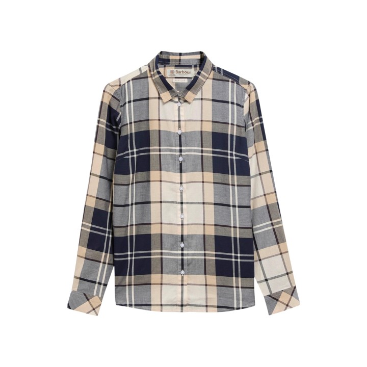 Barbour Bredon camisa de mujer de cuadros gris azul marino y beige vista frontal