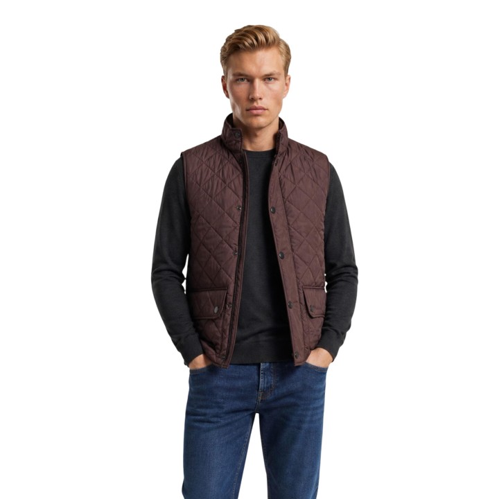 Chaleco acolchado Barbour para hombre en marrón oscuro vista frontal