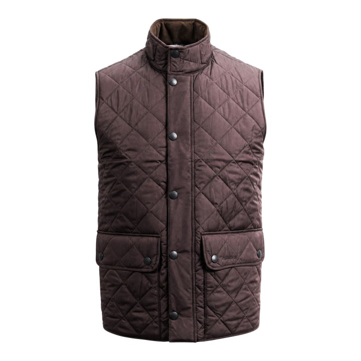 Chaleco acolchado Barbour para hombre en marrón oscuro vista frontal