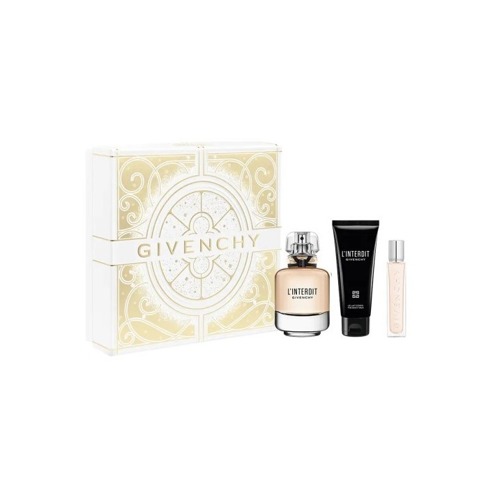 Estuche regalo Givenchy L Interdit perfume para mujer caja blanca y dorada vista frontal