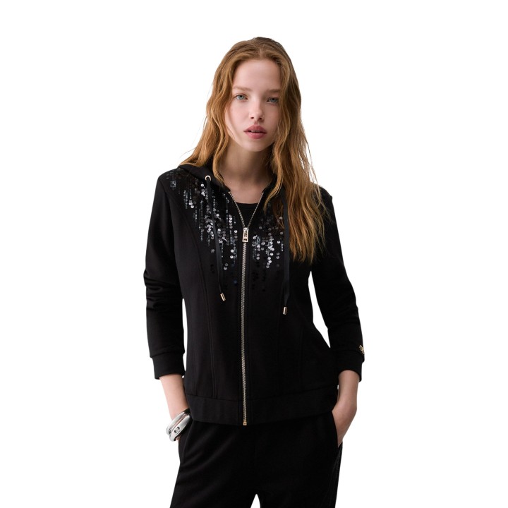 Sudadera Liu-Jo negra de mujer con capucha y lentejuelas vista frontal