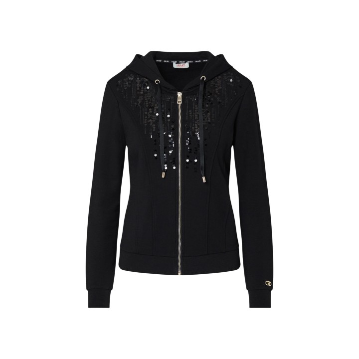 Sudadera Liu-Jo negra de mujer con capucha y lentejuelas vista frontal de prenda