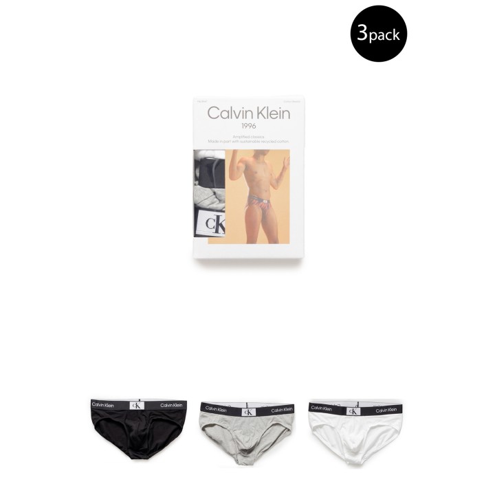 Calvin Klein Underwear slips de hombre 3 pack en negro gris y blanco vista frontal con embalaje