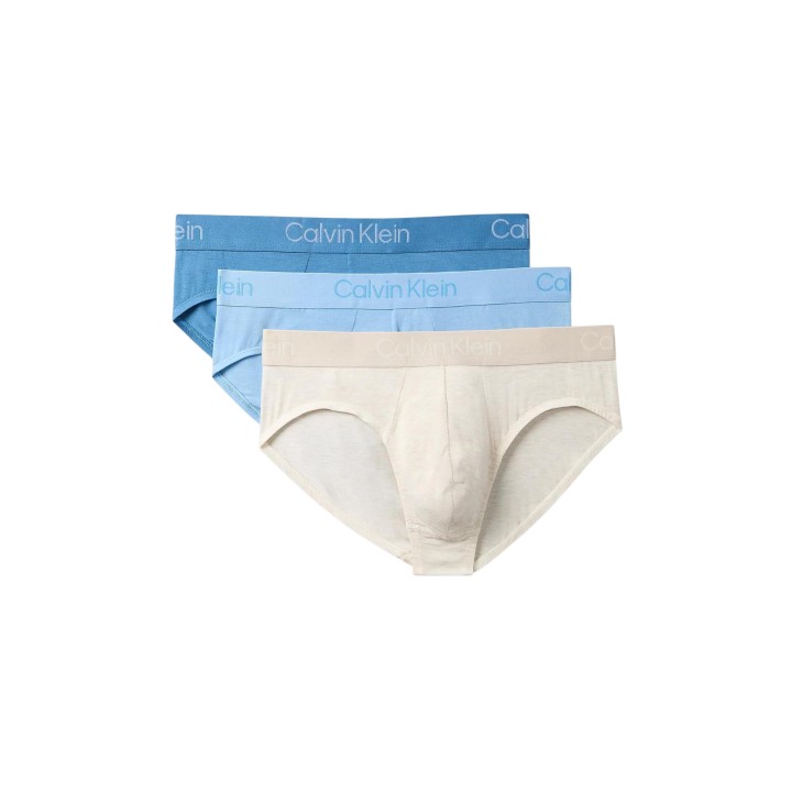 Pack de 3 slips Calvin Klein Underwear para hombre beige y azul vista frontal