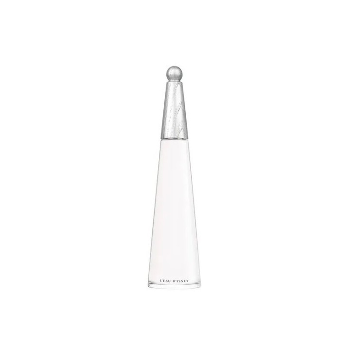 perfume Issey Miyake para mujer frasco transparente con tapón plateado vista frontal