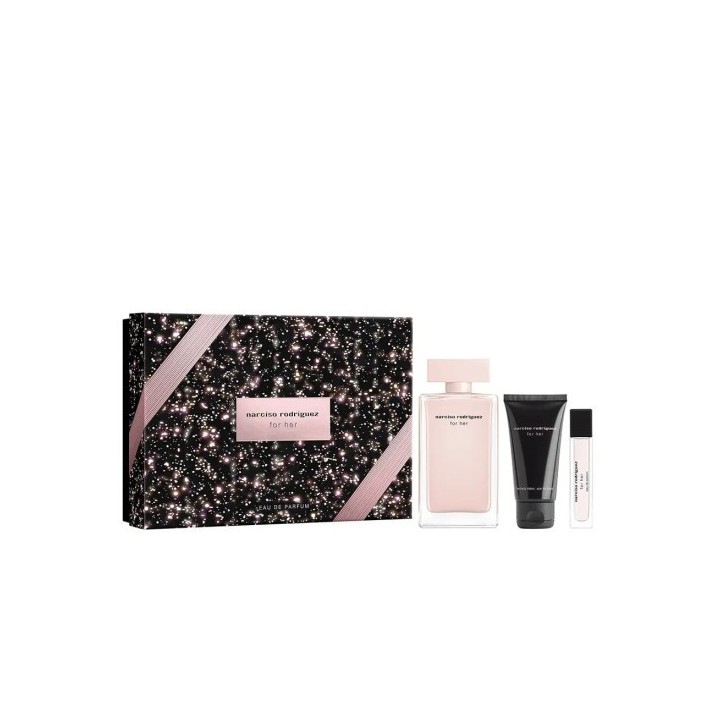 estuche perfume Narciso Rodriguez for her para mujer con botella rosa y caja negra vista frontal