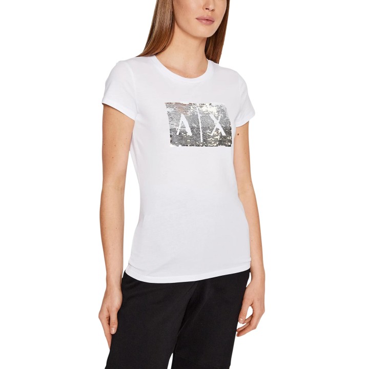 Camiseta Armani Exchange de mujer blanca 8NYTDL YJ73Z en vista de tres cuartos