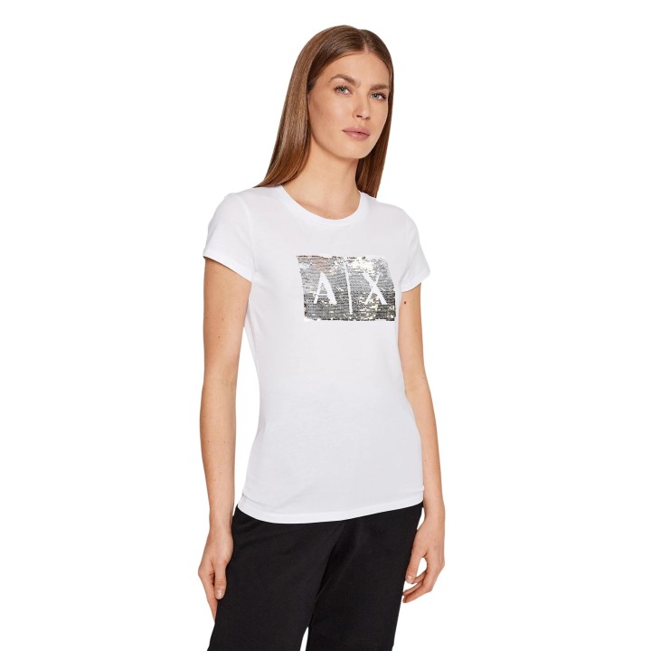 Camiseta Armani Exchange de mujer blanca 8NYTDL YJ73Z en vista de tres cuartos