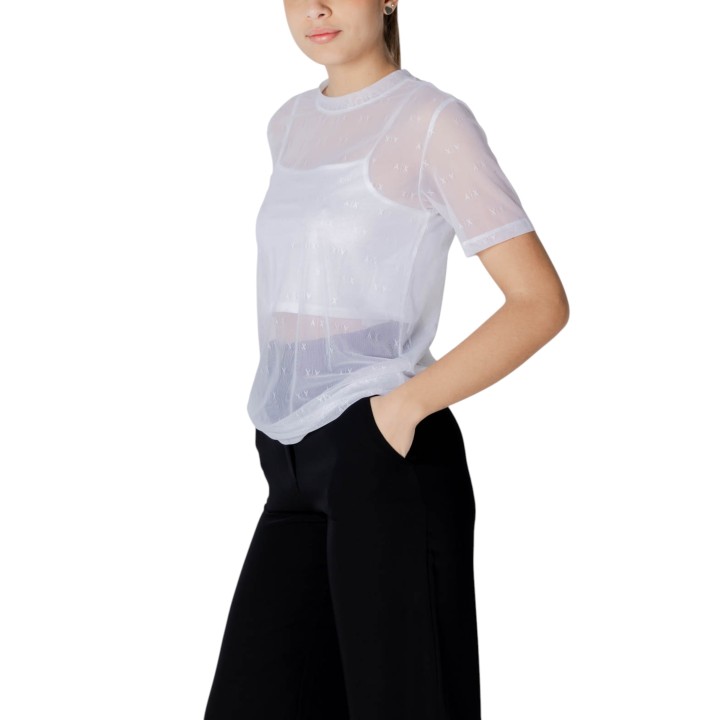 Armani Exchange camiseta de mujer blanca de malla vista tres cuartos