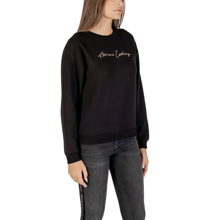 Armani Exchange sudadera de mujer negra con logo dorado vista de tres cuartos