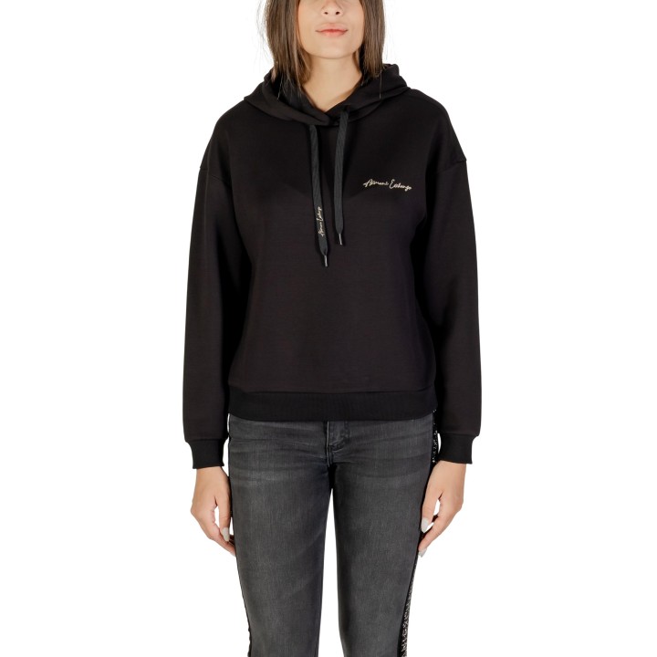Armani Exchange sudadera de mujer negra con capucha y detalles dorados vista frontal