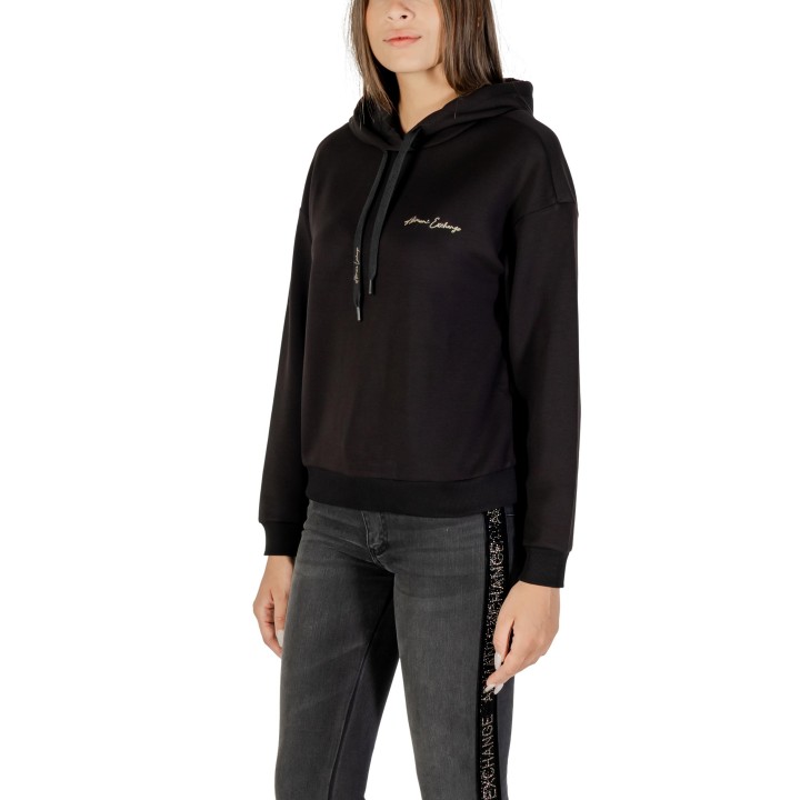 Armani Exchange sudadera de mujer negra con capucha y detalles dorados vista lateral