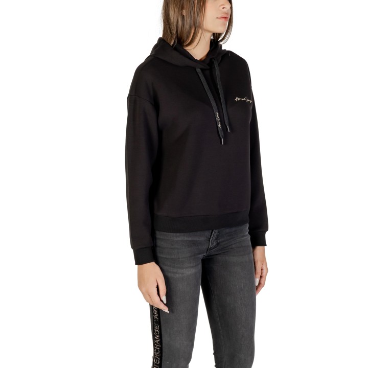 Armani Exchange sudadera de mujer negra con capucha y detalles dorados vista tres cuartos