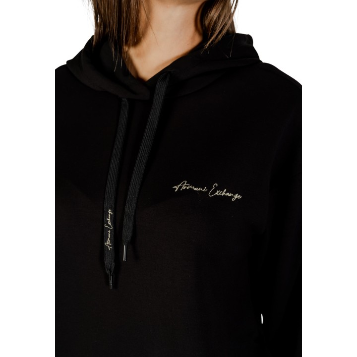 Armani Exchange sudadera de mujer negra con capucha y detalles dorados detalle del logo