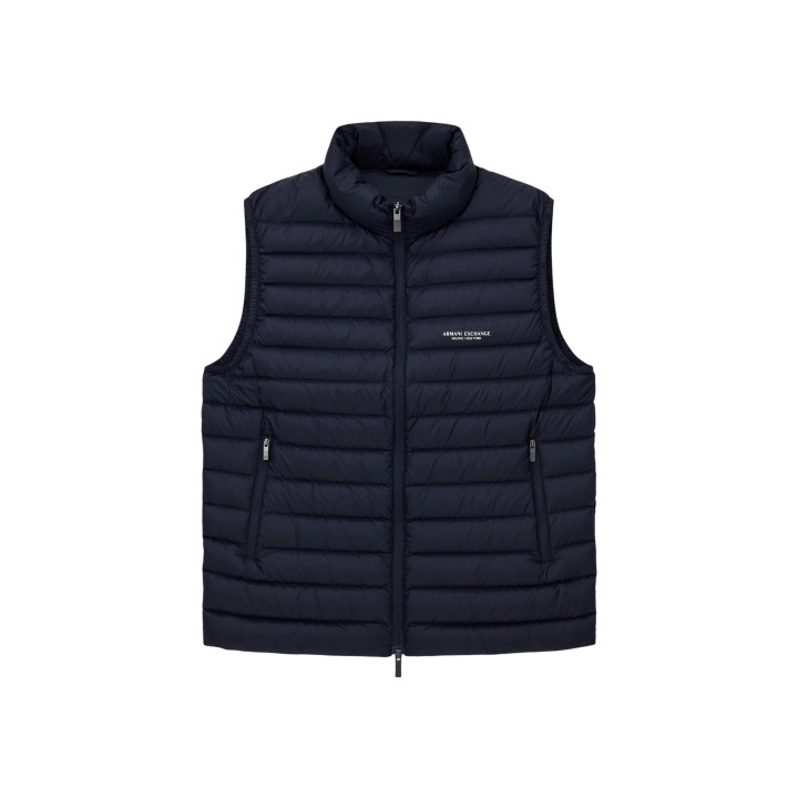 Chaleco de hombre Armani Exchange azul oscuro acolchado vista frontal sin modelo