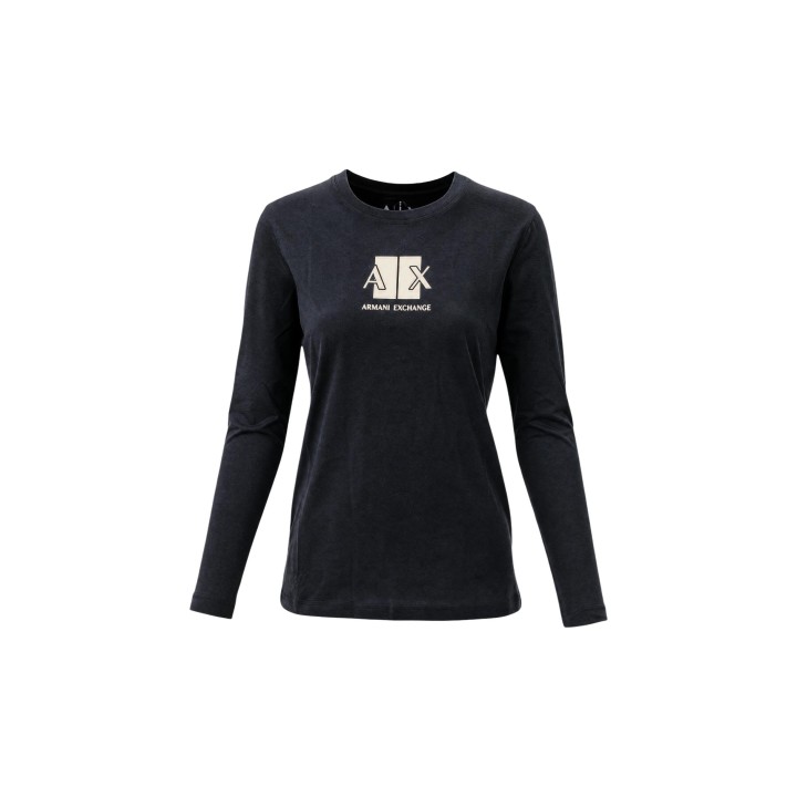 Armani Exchange camiseta negra de manga larga para mujer detalle frontal